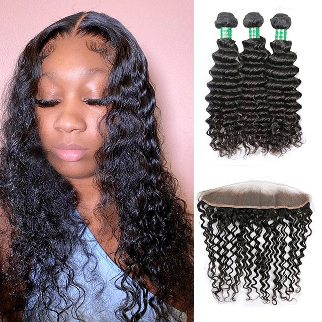 3 Bundles Deep Wave with Pre-plucked 13*4 Lace Frontal 100% Human Hair Berrys Fashion Hair