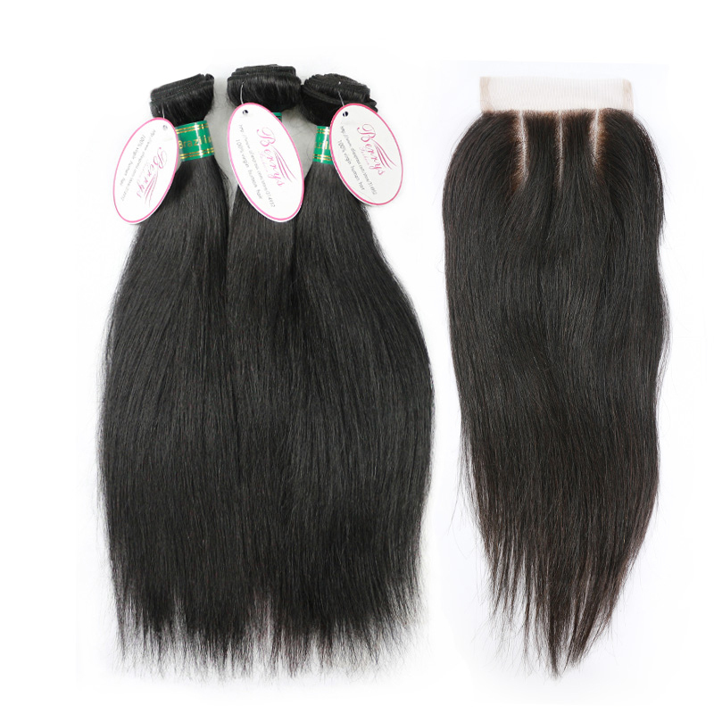 3pcs Unprocessed Straight/Body Virgin Hair with 1pc Lace Closure 5x5 with Baby Hair and Bleached Knots Berrys Fashion Hair Products