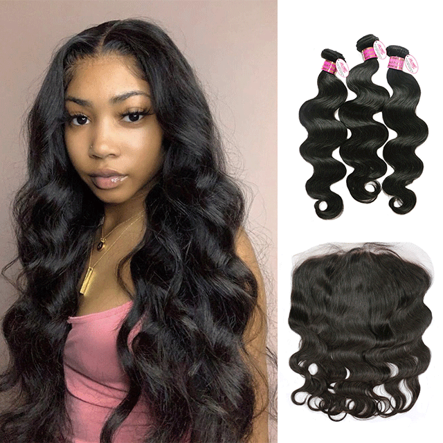 13*6 Lace Frontal with 3 Bundles 100% Virgin Human Body Wave Hair