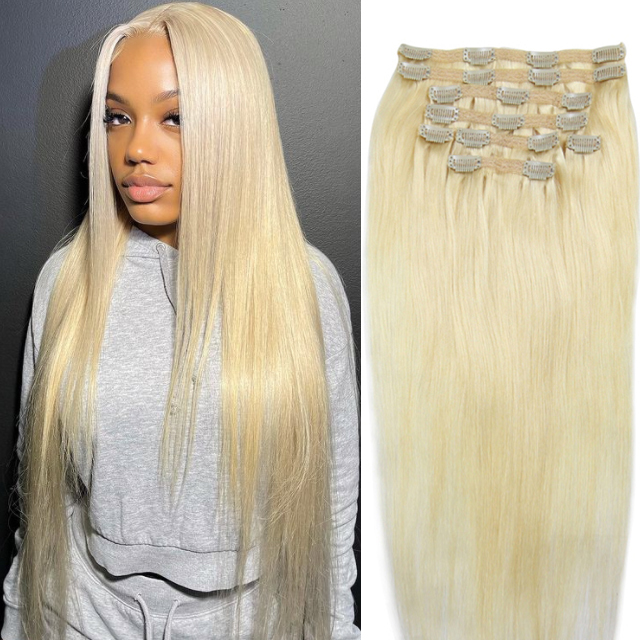 #613 Blonde Straight Clip in hair with 100% Virgin Hair can be Dyed and Bleached