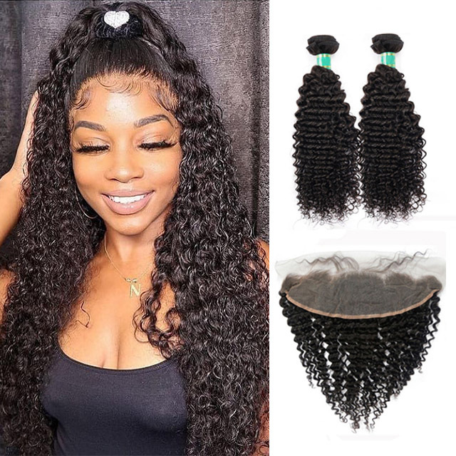 Kinky Curly 2 Bundles + 1 Frontal,100% Virgin Human Hair with Bleacked Knots,No Tangle No Shedding Berrys Fashion Hair