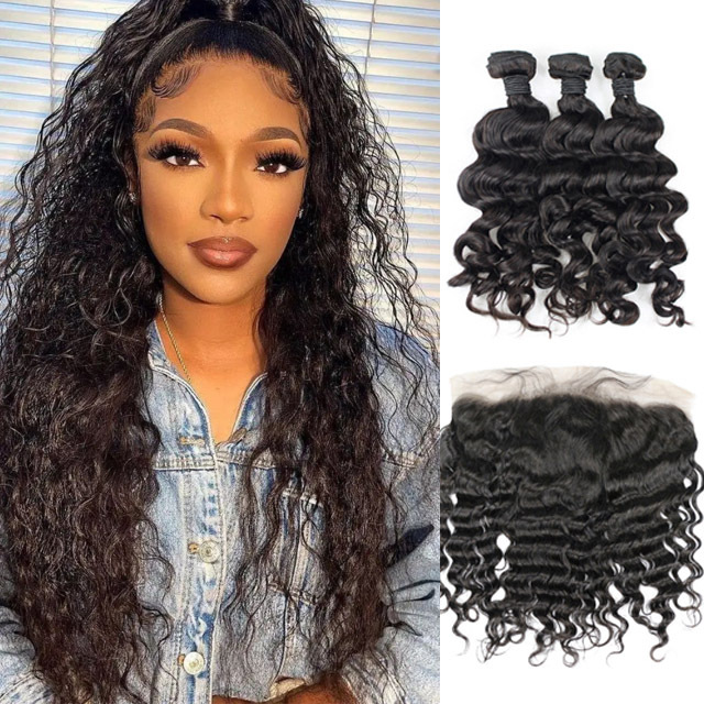 Berrys Fashion  Loose Wave Hair 3 Bundles &amp; 1 Frontal 100% Remy Human Hair with Afforable Price