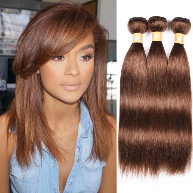 WOME Peruvian Virgin Brown Human Hair Bundles Silky Straight Hair Bundles 3 Pcs 8A Hair Wefts Extensions Medium Brown Color(16 18 20 inch, Color 4#)