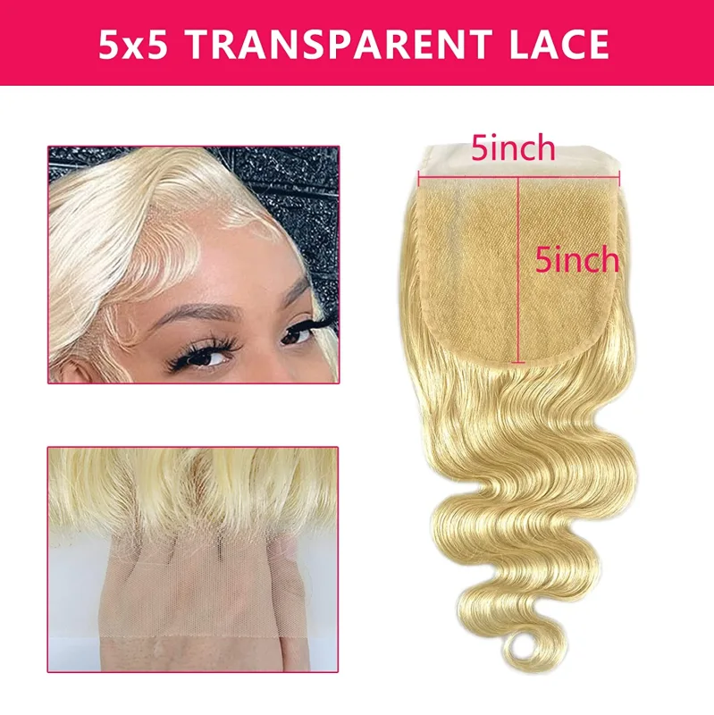 BERRYS FASHION 12A 613 Closure Human Hair, 5x5 Body Wave, 613 Blonde Transparent Lace Closure for Black Women, Brazilian Virgin Human Hair Pre Plucked with Baby Hair, Free Part, 12 inch