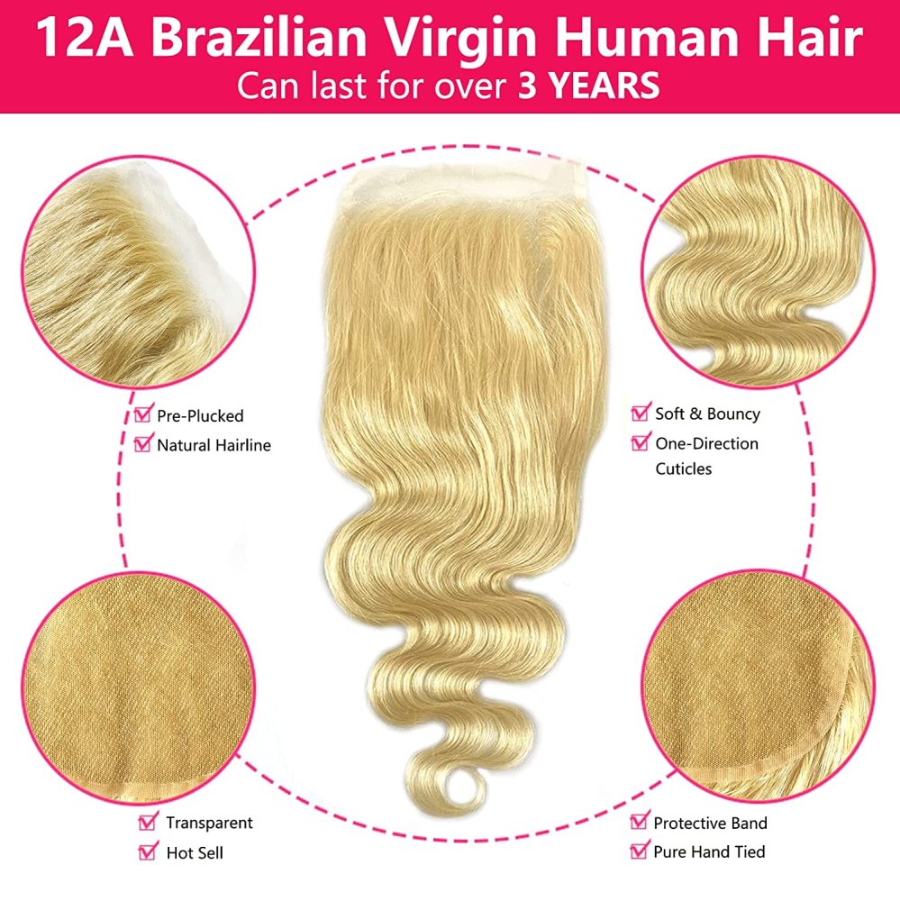 BERRYS FASHION 12A 613 Closure Human Hair, 5x5 Body Wave, 613 Blonde Transparent Lace Closure for Black Women, Brazilian Virgin Human Hair Pre Plucked with Baby Hair, Free Part, 12 inch