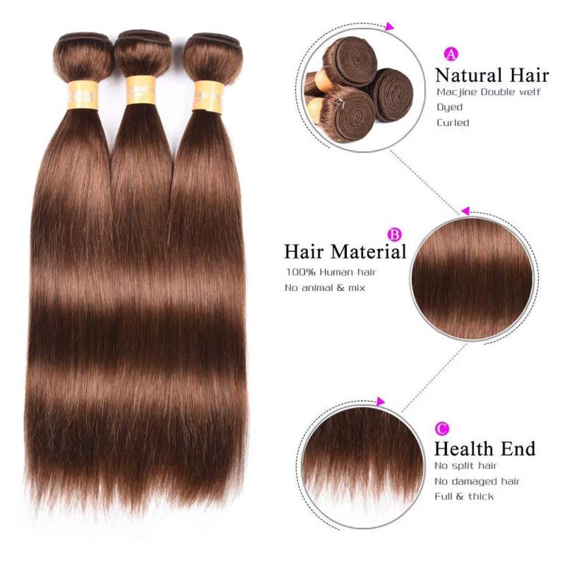 WOME Peruvian Virgin Brown Human Hair Bundles Silky Straight Hair Bundles 3 Pcs 8A Hair Wefts Extensions Medium Brown Color(16 18 20 inch, Color 4#)