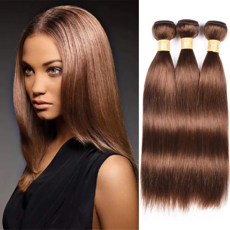 WOME Peruvian Virgin Brown Human Hair Bundles Silky Straight Hair Bundles 3 Pcs 8A Hair Wefts Extensions Medium Brown Color(16 18 20 inch, Color 4#)