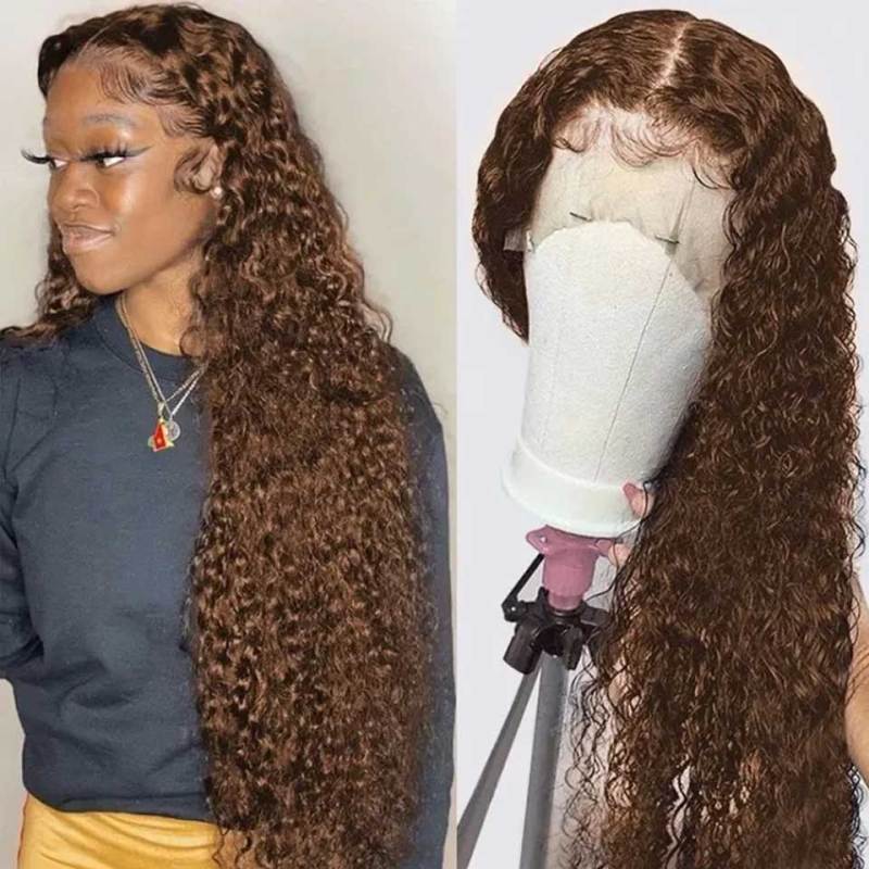 #4 Chocolate Brown Highlight Deep Wave Curly Lace Front Wig