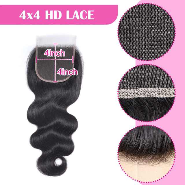 Body Wave Invisible HD Lace Frontal Closure 4x4 Pre plucked