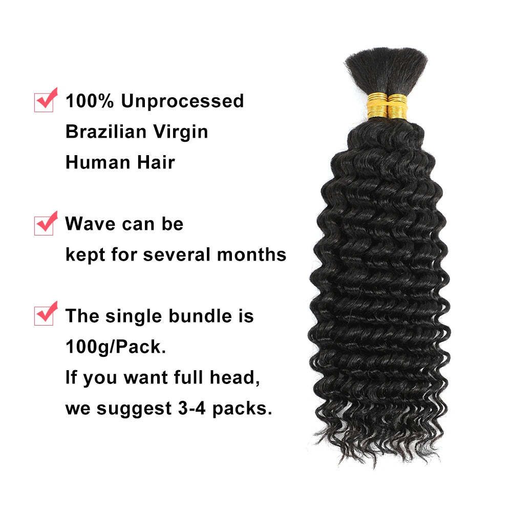 Flat Band Bulk Hair Real Human Virgin Hair for Braiding Deep Wave / Water Wave Natural Black / 613 Blonde for Braids