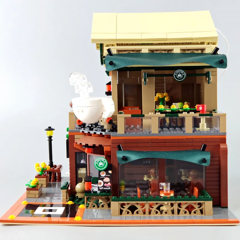 S601093 Street View Casual Coffee House with Light MOC Building Block Toy From China