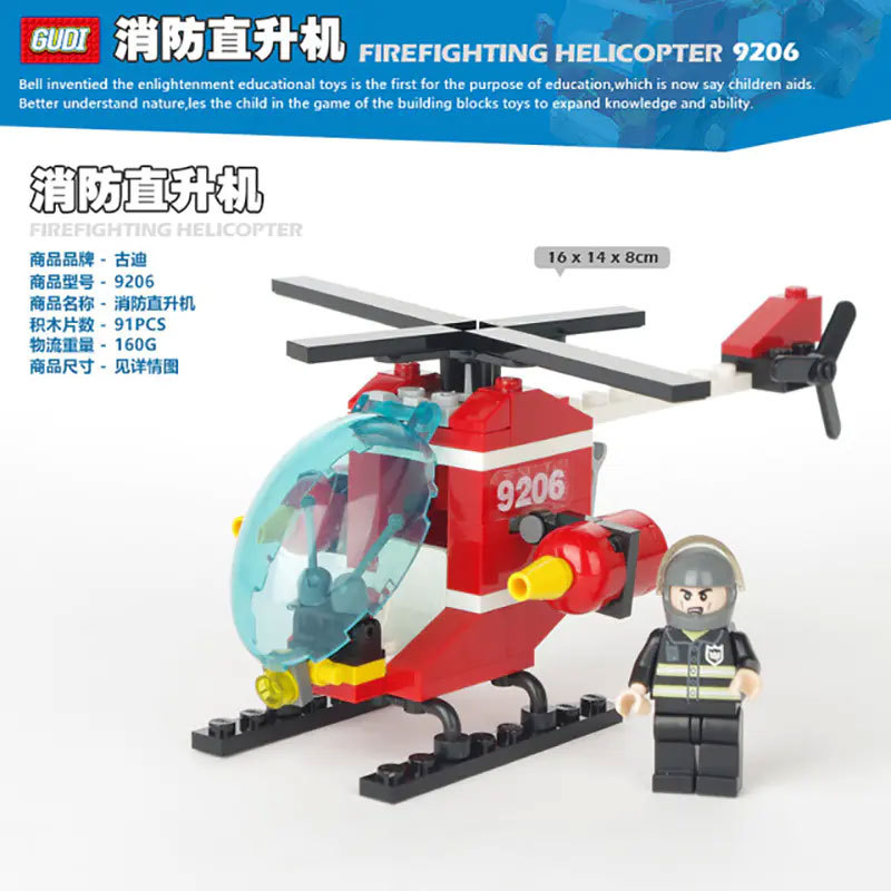 【Clearance Stock】GUDI 9206 City Series Fireman：Firefighting Helicopter Truck Building Blocks 92pcs Bricks Model Toys Ship From China