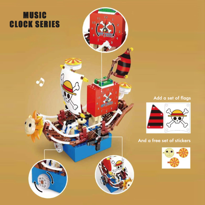 GaoMiSi T2027 337pcs Music Box Real Clock One Piece Thousand Sunny Pirates Ship Building Blocks Toy from China