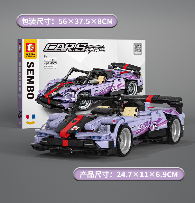 Sembao 701908 remote control building block car purple Fengshen sports car with Motor 480pcs bricks Toy ship from China.