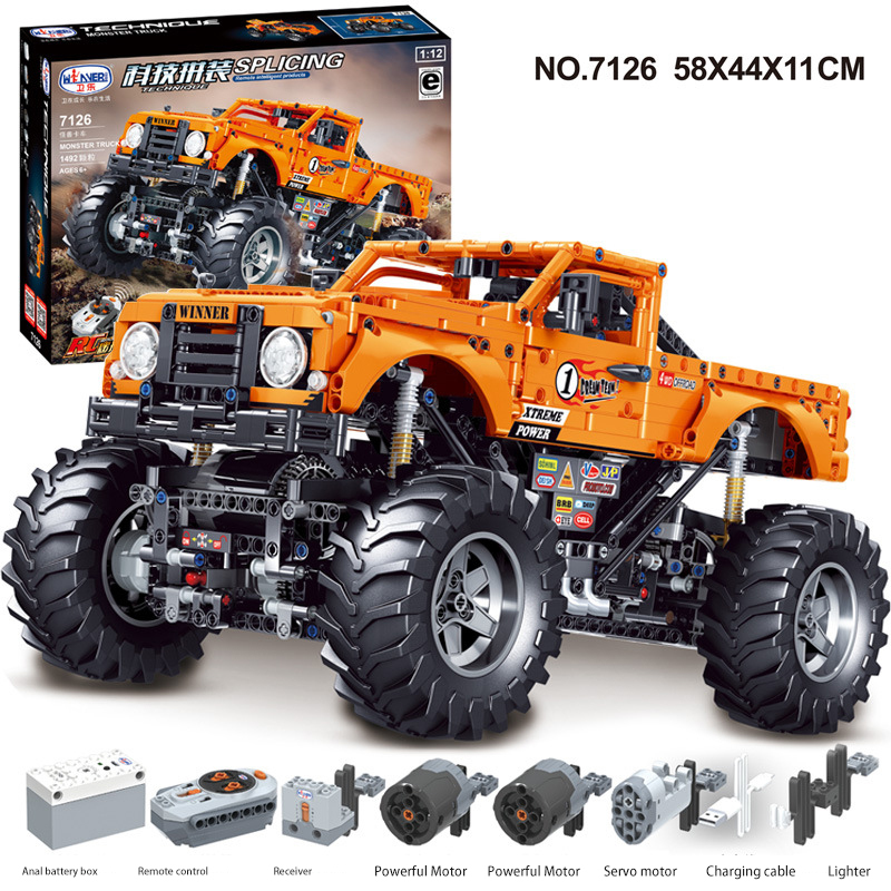 Win-ner 7126 MOC Technology Orange 1:12 Mon-ster Truck Rc Remote Control Car Building Blocks 1492pcs Toy with Motor ship from China.