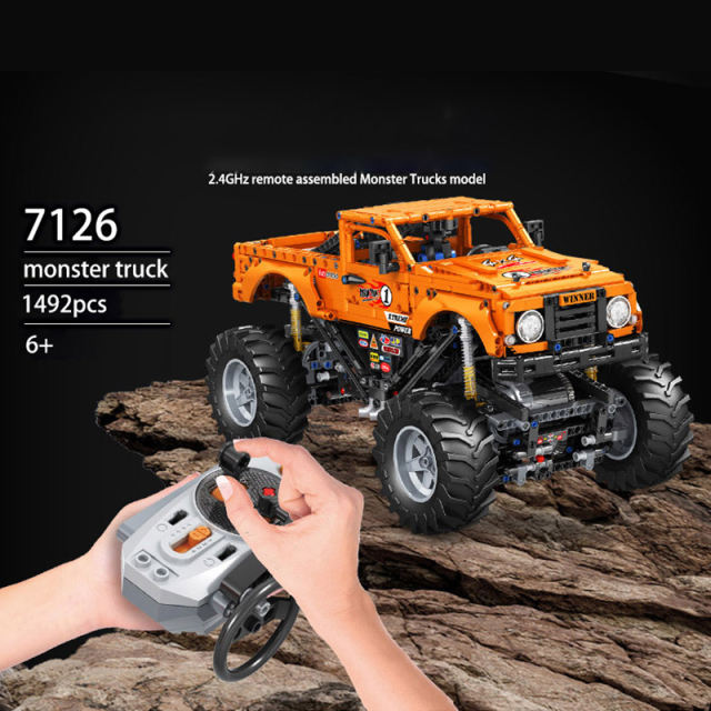 Win-ner 7126 MOC Technology Orange 1:12 Mon-ster Truck Rc Remote Control Car Building Blocks 1492pcs Toy with Motor ship from China.