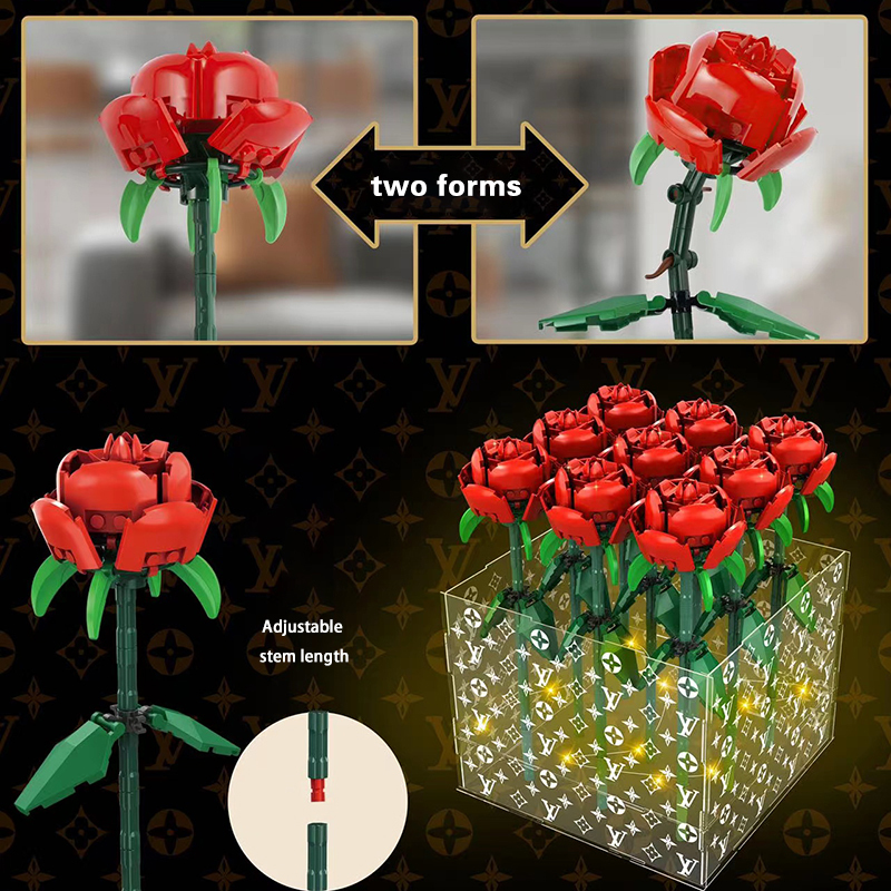 MOC 1301-1 Rose Box With 9  Rose Flower Buidling Blocks (Light Part+Ribbon+UV Sticker) Ship From  China.