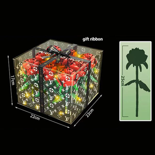 MOC 1301-1 Rose Box With 9  Rose Flower Buidling Blocks (Light Part+Ribbon+UV Sticker) Ship From  China.