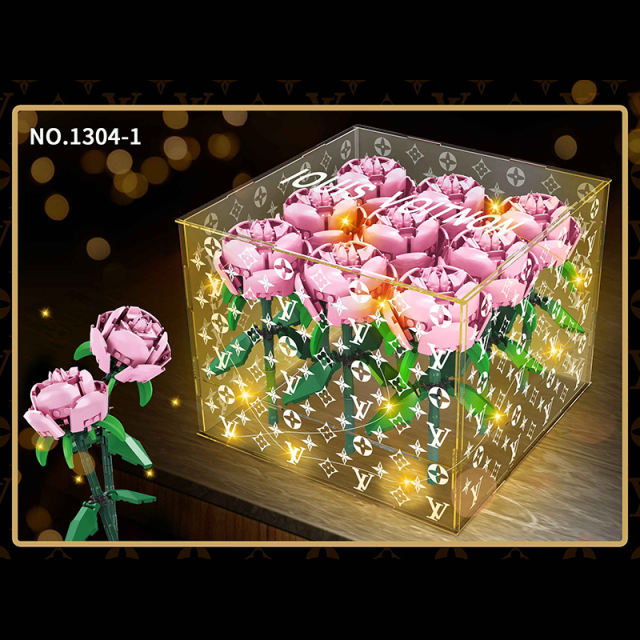 MOC 1304-1 Pink Rose Box With 9 Pink Rose Flower Buidling Blocks (Light Part+Ribbon+UV Sticker) Ship From China.