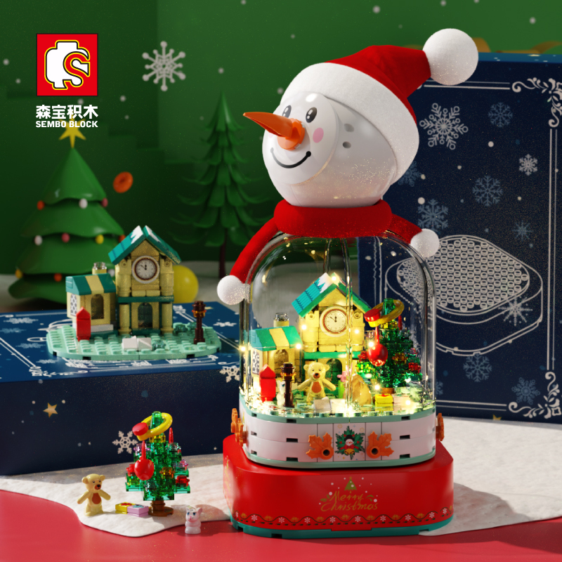 SEMBO 601162 220pcs Christmas Series Snowman House Rotating Music Box Assembling Building Blocks Holiday Gifts from China.