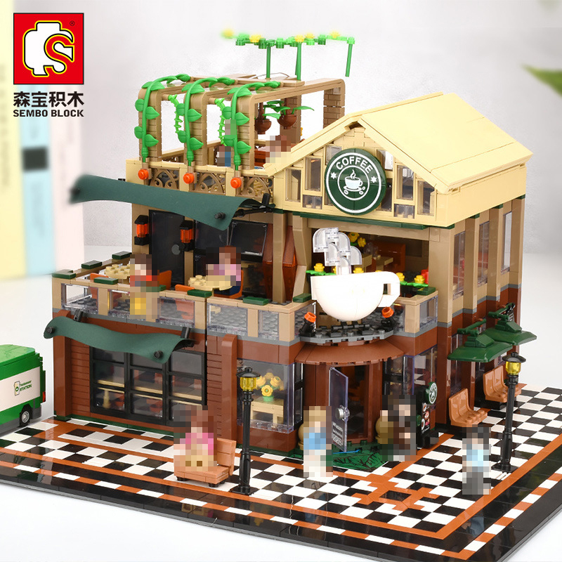 SEMBO 601093 Street View Casual Coffee House with Light MOC Building Block Toy from China