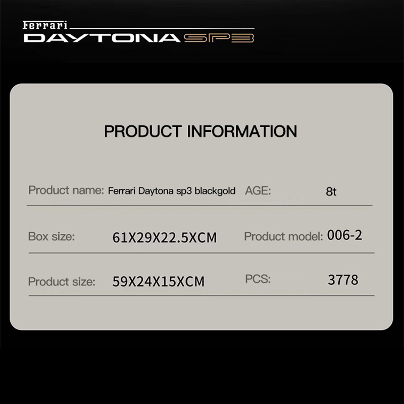MOC-T006-2 Technic Black "Ferrari "Daytona SP3 Sports Car Building Bocks 3778pcs Bricks Toys From China Delivery.