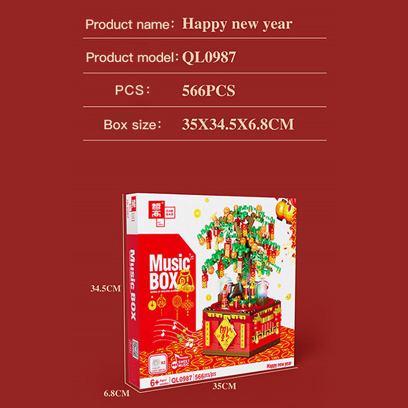 ZHEGAO QL0987 Season Spring Festival Music Box Happy New Year Building Blocks 566±pcs Bricks from China Delivery.