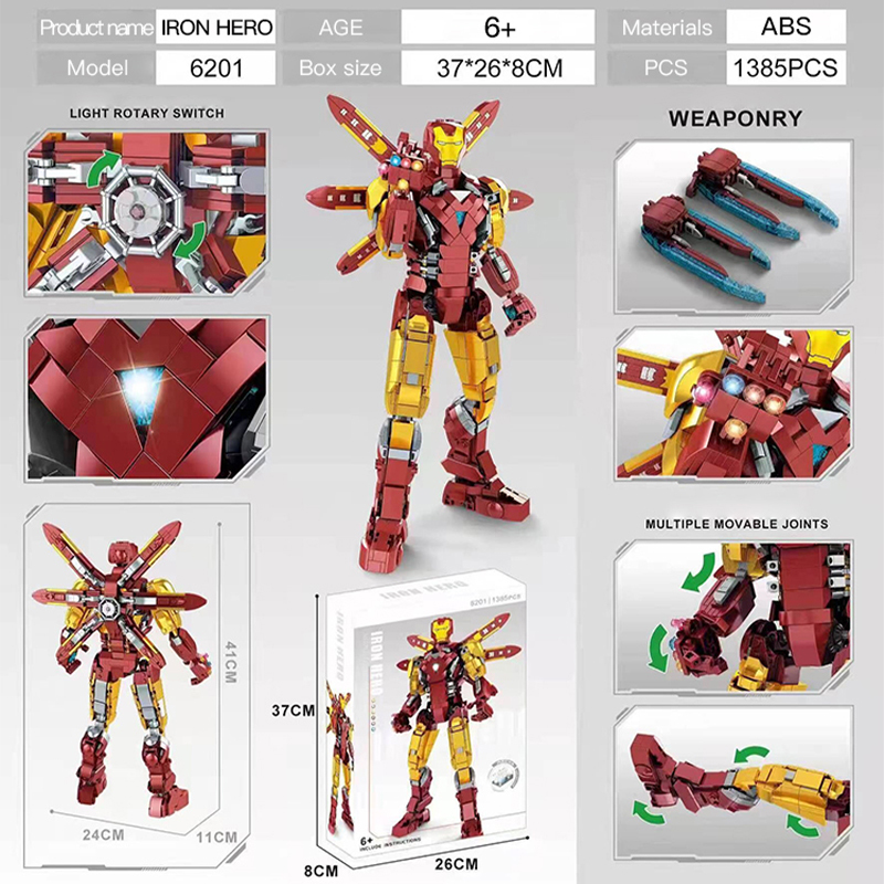 Custom 6201 Super Heros Iron Hero Mechanical Iron Man Building Blocks 1385±pcs Bricks Toys from China.