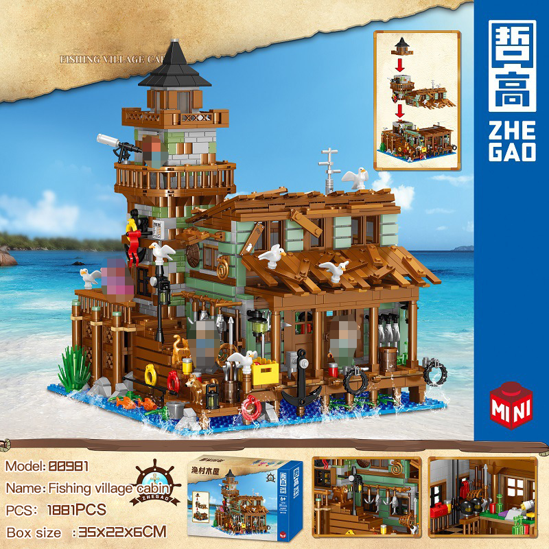 Mini Micro Bricks] ZHEGAO 00981 Fishing Village Cabin Modular