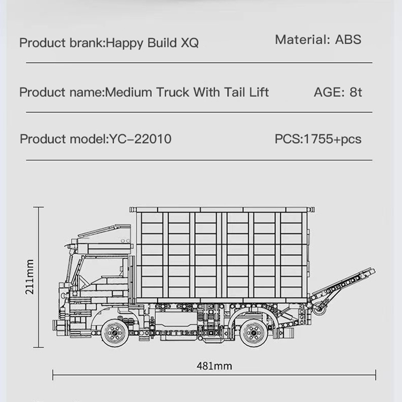 HAPPY BUILD YC22010 Technic 1:17 Medium Truck With Tail Lift 1755pcs Bricks Toys From China Delivery.