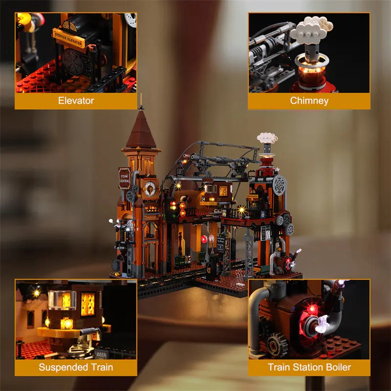 FunWhole FH9007 Steampunk World Series Steampunk Train Station Building Blocks 1843pcs Bricks Toys Model From China