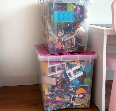 The building blocks packed in a box are well stored.