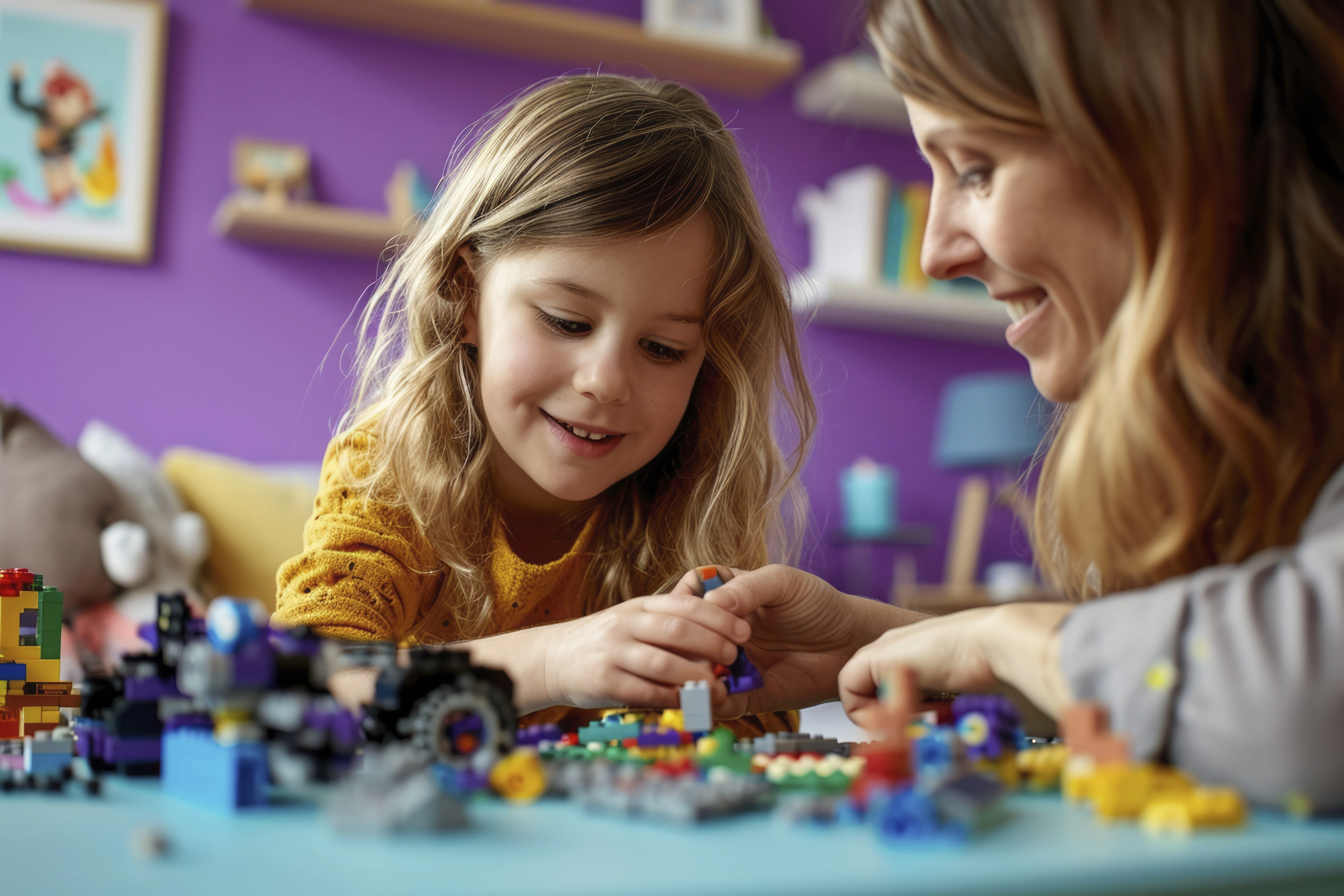 A girl and her mother are building with blocks.