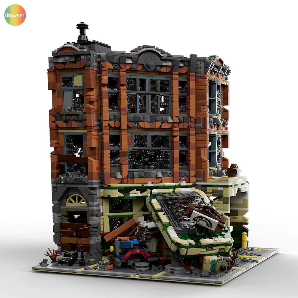 The front side completed by assembling the Barweer Corner Garage Apocalypse Version building block set.