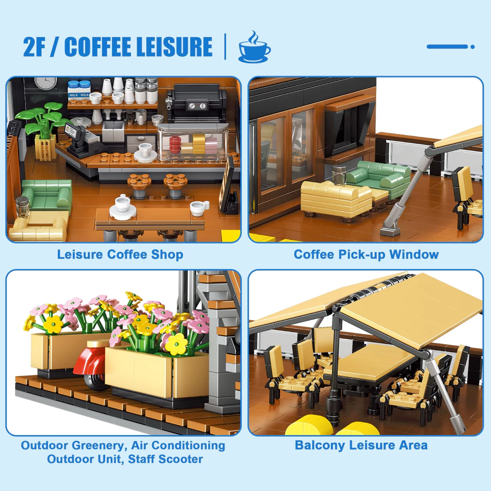 The second-floor interior coffee lounge of CBOX JD113 Coffee Car Club Modular Buildings.