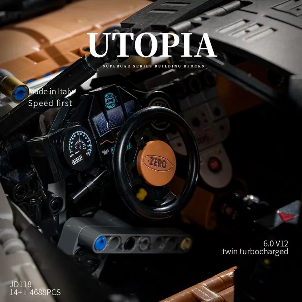 The CBOX JD118 Pagani Utopia 1:8 Technic model has an exquisite steering wheel inside.