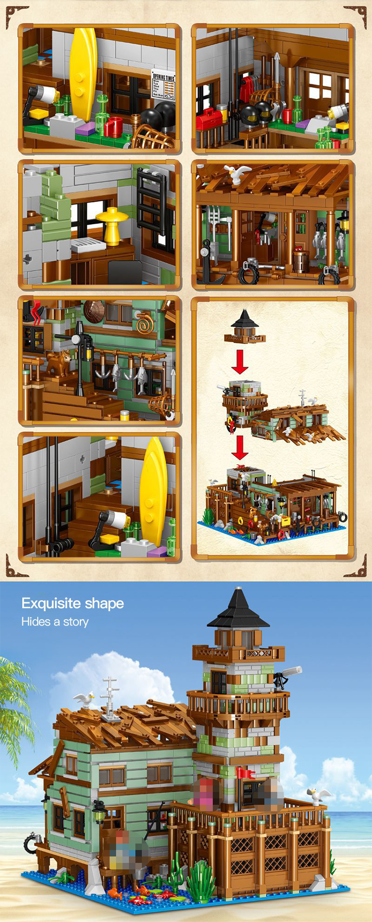 Mini Micro Bricks] ZHEGAO 00981 Fishing Village Cabin Modular