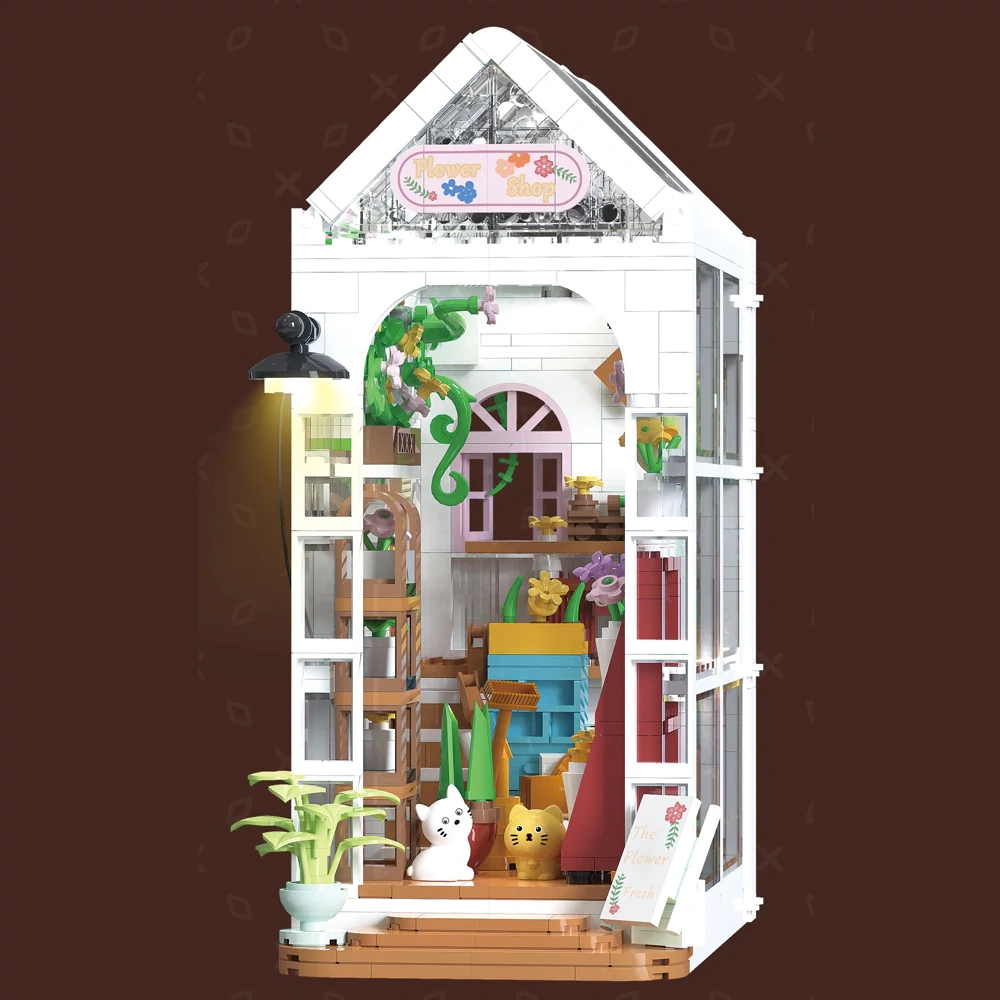 [Mini Micro Bricks] JiQing JQ60003 Cat Flower Shop Modular Buildings