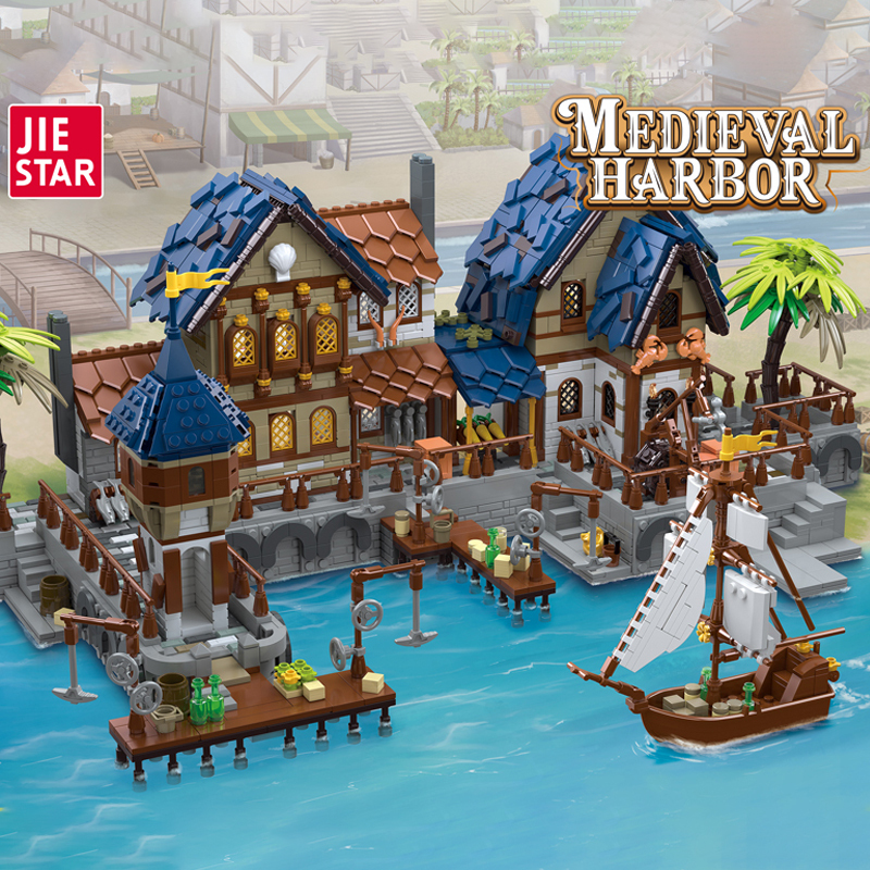 JIESTAR 89152 Historical Medieval Castle Medieval Harbor Buliding Blocks 2979pcs Bricks Toys Model Ship From China