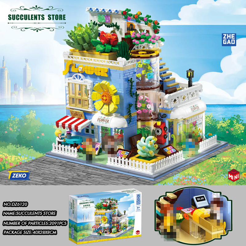 {Mini Bricks} ZHEGAO DZ6120 Creator Succulents Store Toys Building Blocks 2091±pcs Bricks from China.