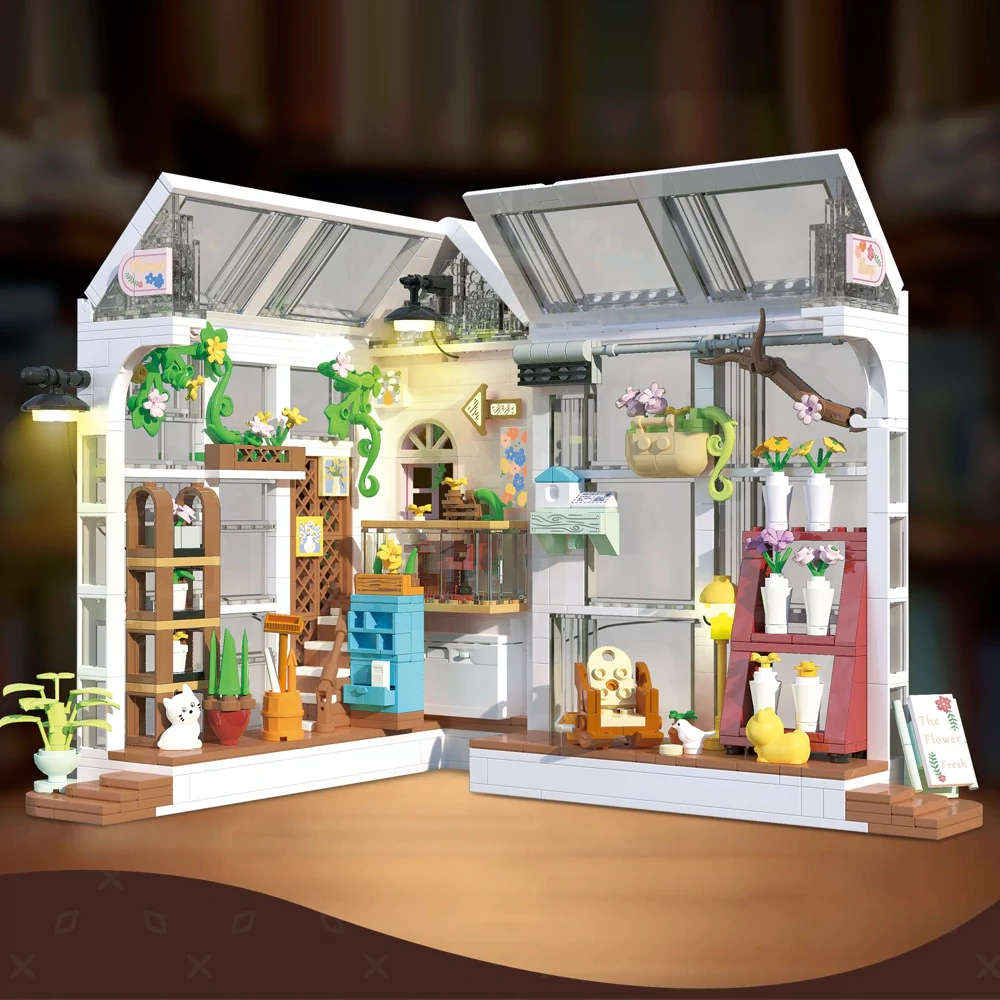 [Mini Micro Bricks] JiQing JQ60003 Cat Flower Shop Modular Buildings