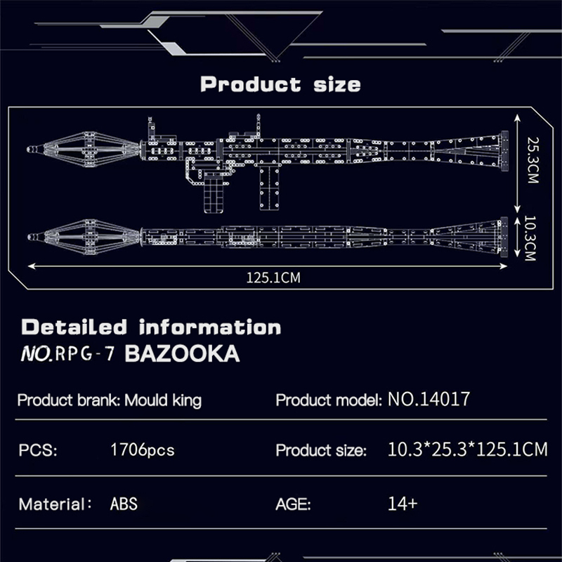 Mould King 14017 RPG Military Gun Rocket-propelled grenade Building Blocks 1706±pcs Bricks from China.
