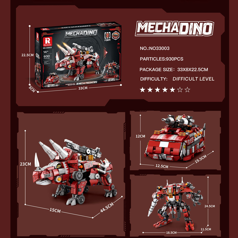 【Pre-Sale】【With Motor】Reobrix 33003 Creator 3in1 Mecha Dino：Mecha Triceratops Building Blocks 930±pcs Bricks Model From China