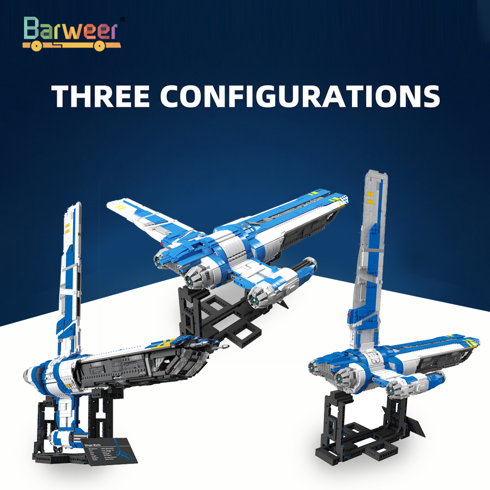 The Barweer BWR101 Ultimate Playset Scale Stinger Mantis comes with three different display modes: vertical landing, horizontal cruise mode, and vertical flight.