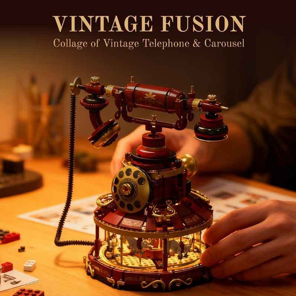 HUIYOYOYI H1014 Collage of Vintage Telephone And Carousel Creator Expert