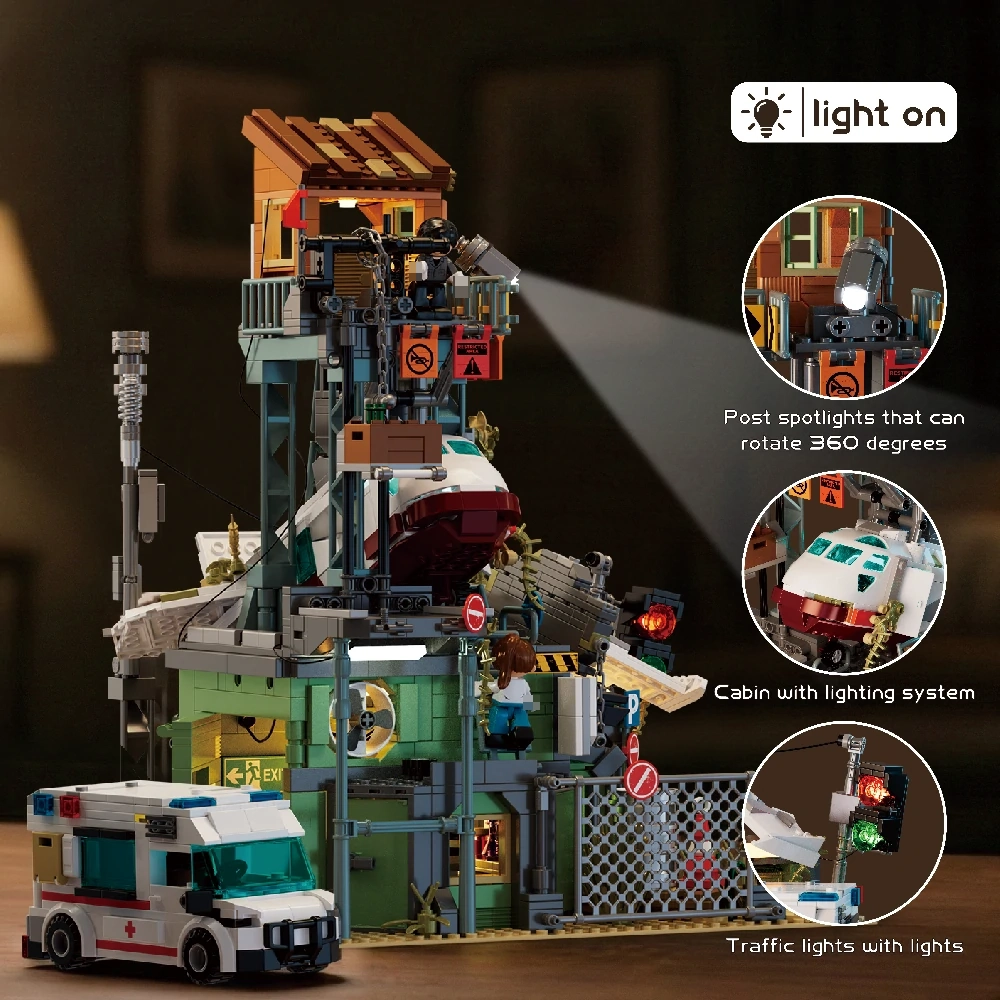 Iambrick 30902 Wrecked Plane Pharmacy Modular Buildings, post-apocalyptic wasteland building blocks set with LED lights