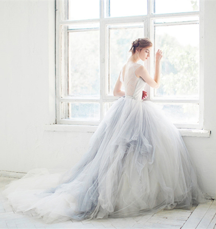 Grey Tulle Long Train Wedding Skirt 2 Pieces Bridal Gown
