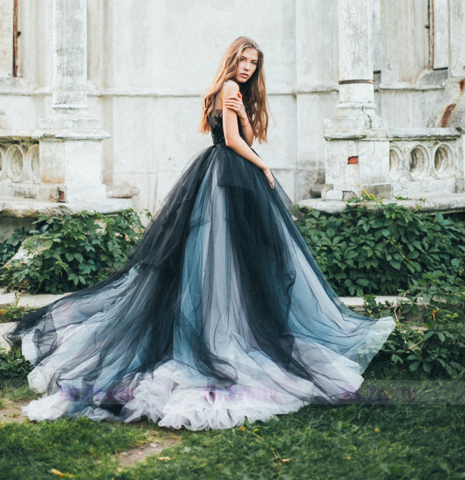 Navy Black Ivory Colors Tulle Long Train Wedding Skirt 2 Pieces Wedding Gown