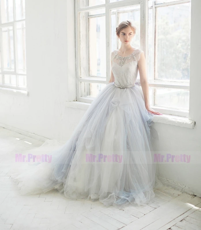 Grey Tulle Long Train Wedding Skirt 2 Pieces Bridal Gown