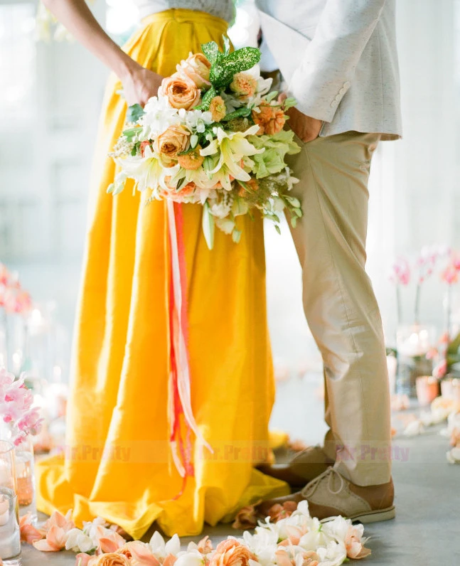 Yellow Satin Short Train Skirt Bridal Skirt